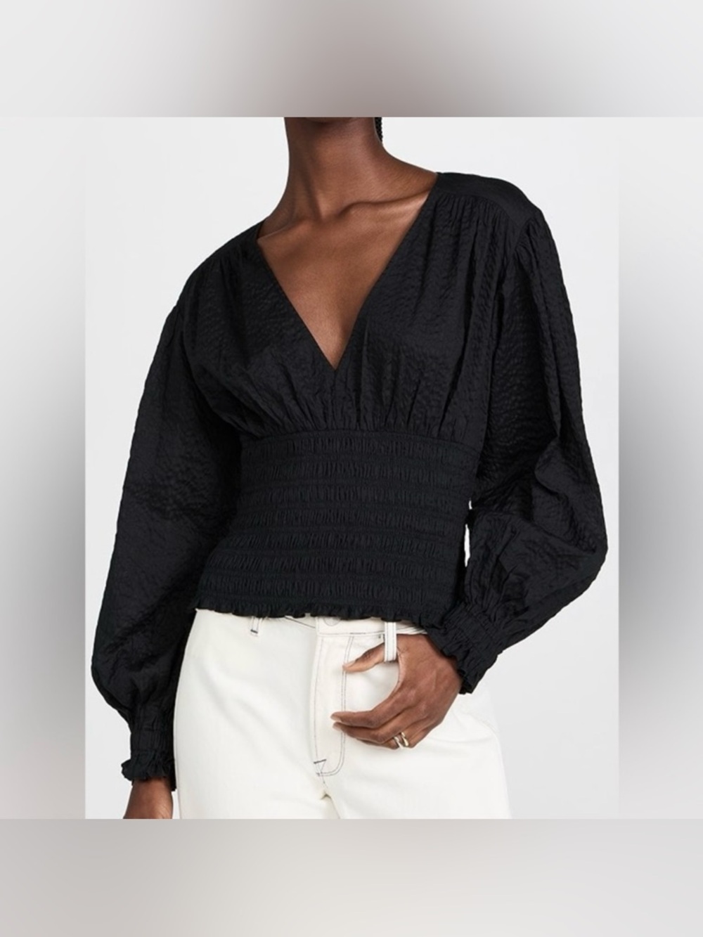 FRAME Smocked V-Neck Crinkled Cotton Blouson Sleeve Top Black Women Medium $348 - Picture 2 of 9